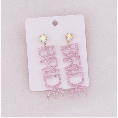 Bride Earrings - Acrylic Diamante Studs BRIDE Glitter Pink